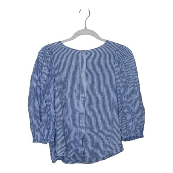 H & M Linen Blend Premium Selection Blue Striped Puff Sleeve Blouse NWT S - Picture 3 of 11